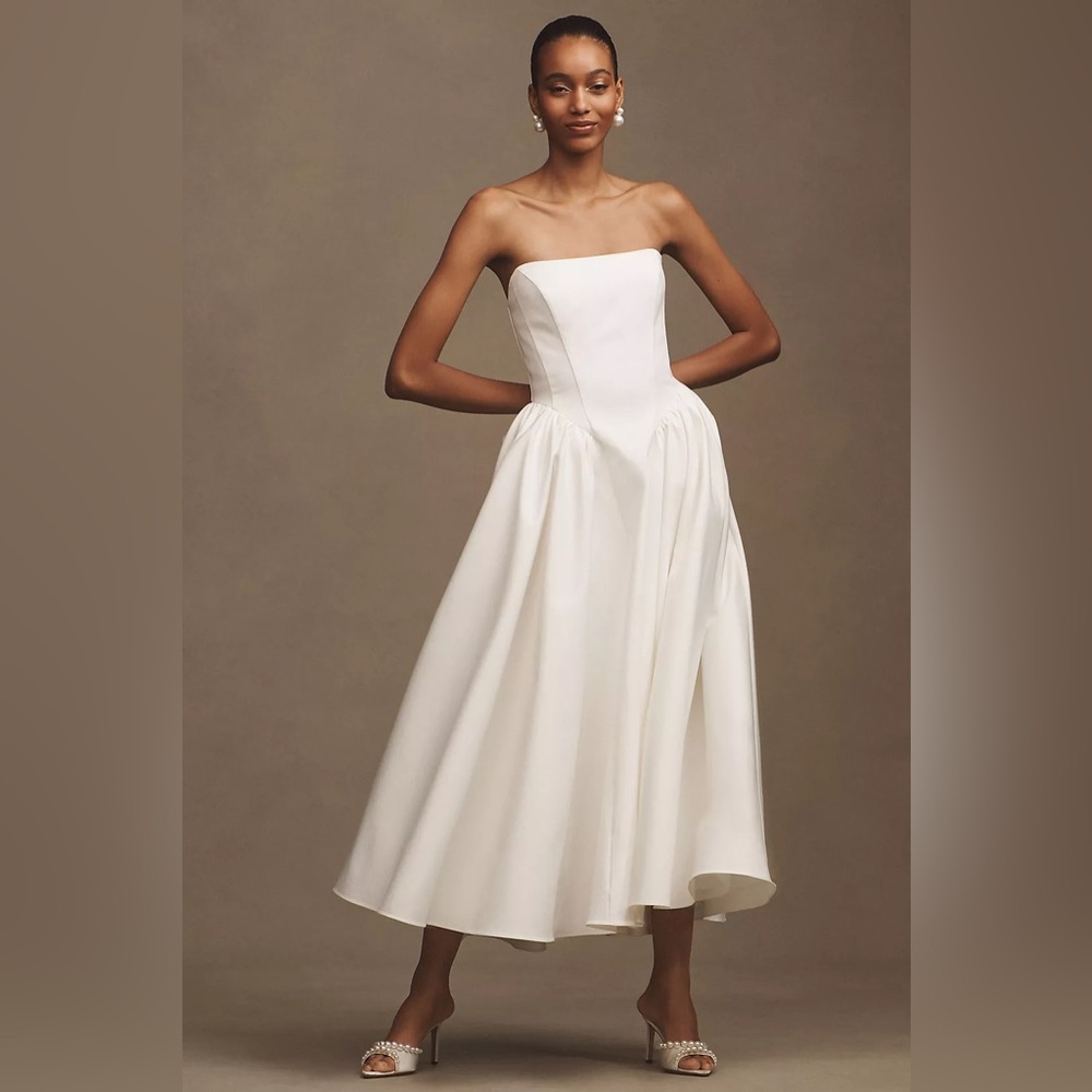 BHLDN Strapless Basque-Waist Lace-Up Fit & Flare Midi Dress